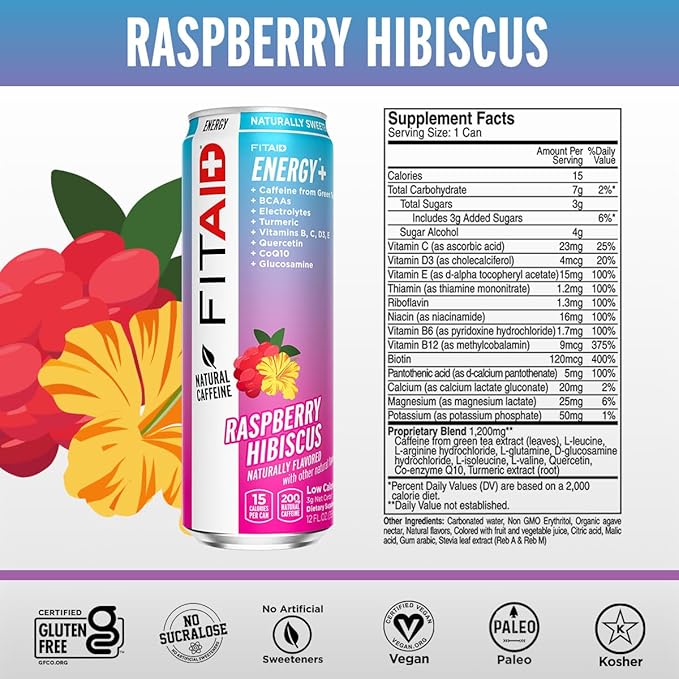FITAID ENERGY 200mg Natural Caffeine Keto Raspberry Hibiscus Optimum Performance Formula: BCAAs Quercetin Electrolytes Omega-3s Paleo Vegan &amp GlutenFree 12 Fl Oz cans (Pack of 24)