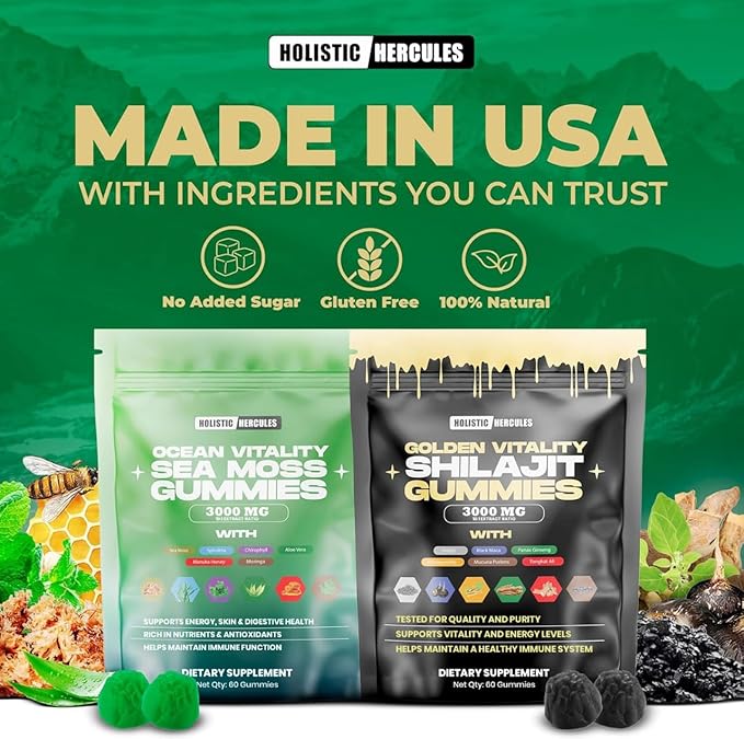 Holistic Hercules Sea Moss &amp Pure Himalayan Shilajit Gummies Gold | 100% Natural Organic Vegan | No Added Sugar | Ashwagandha Tongkat Ali Ginseng Spirulina Moringa Manuka Honey | 60 Gummies 2 Pack