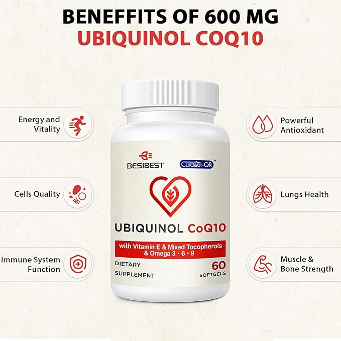 Ubiquinol CoQ10-600mg-Softgel Active Coq10 Ubiquinol Supplement with Vitamin E &amp Omega 3 6 9 High Absorption-Coenzyme-Q10 Powerful Antioxidant for Energy Production Tested 480 Count