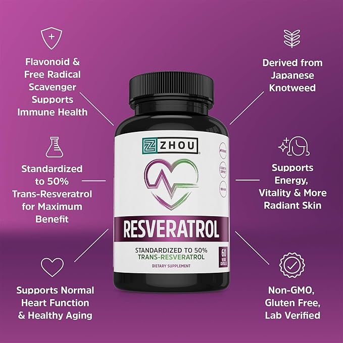 ZHOU Resveratrol - Resveratrol 1000mg Nutritional Supplement for Women &amp Men Pure Ultra Strength Heart Health and Antioxidant Support Formula - 60 Veggie Capsules