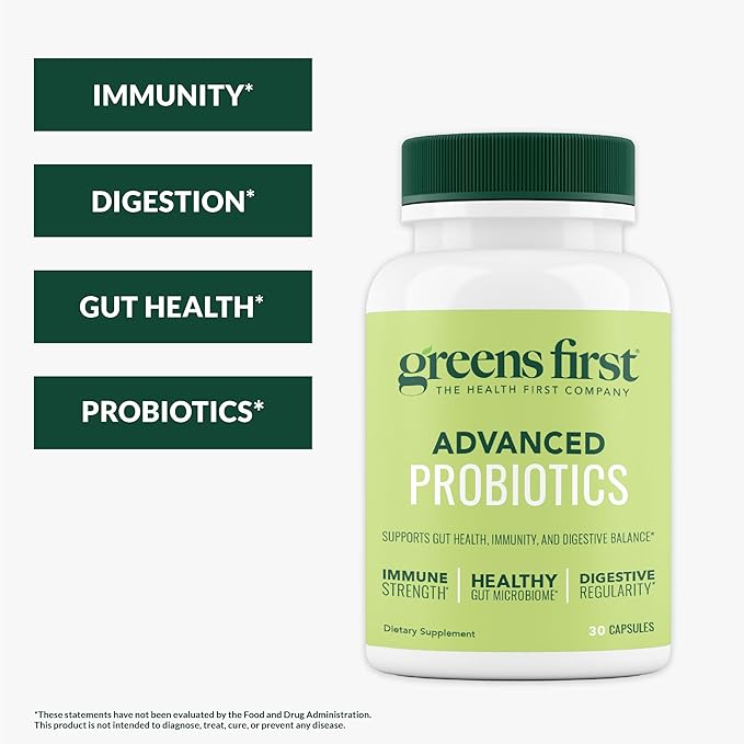 Greens First Probiotics - 20 Billion CFU of Beneficial Bacteria - FOS Soluble Fiber - Supports Gut Digestive Health and Skin Appearance - 30 Servings/Capsules