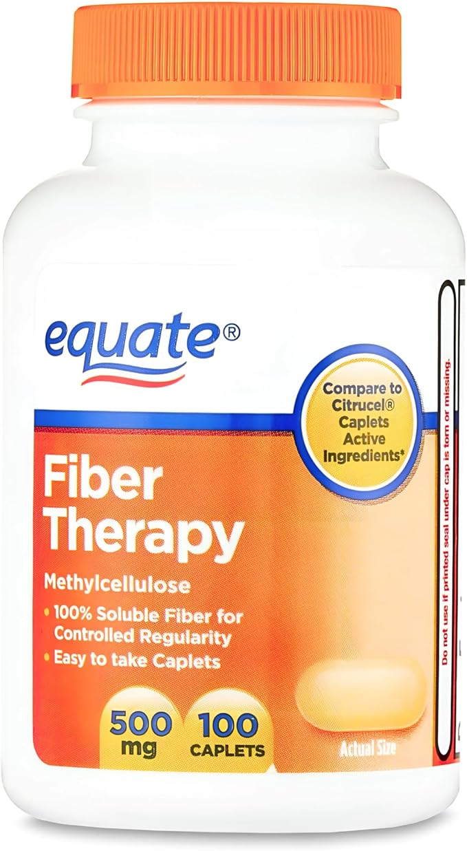 KP+ Equate Fiber Therapy Caplets with Methylcellulose 500 mg | 100 Caplets | Soluble Methylcellulose for Digestive Regularity | Gentle Non-Stimulant Laxative | Pack of 1