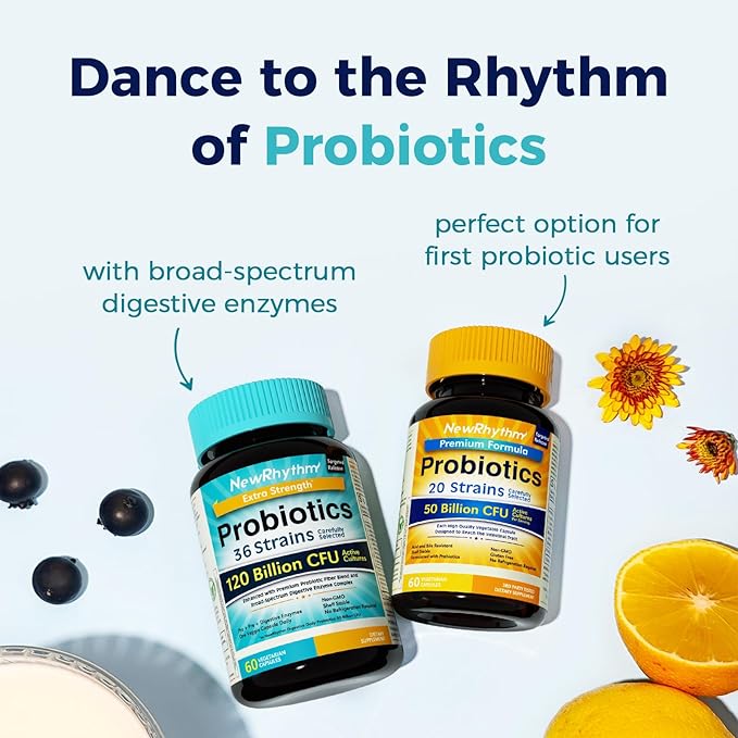 NewRhythm Probiotics 120 Billion CFU 36 Strains 3-in-1 Probiotics with Prebiotics &amp Enzymes Probioticos for Women &amp Men Vegan Targeted Release Supplement 60ct