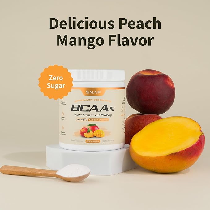 Snap Supplements BCAA Powder - 5g Vegan Branched Chain Amino Acids (2:1:1 Leucine Isoleucine Valine) + Essential Amino Acids with Nitric Oxide Booster 30 Servings Peach Mango
