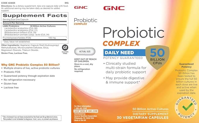 GNC Probiotic Complex with 50 Billion CFUs Twin Pack 30 Capsules per Bottle Daily Probiotic Support