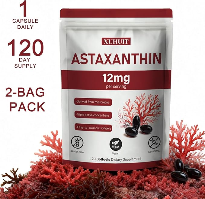 Astaxanthin 12mg Softgels | Natural Algae-Derived Botanical Extract (Haematococcus pluvialis) | Easy Swallow Non-GMO 120 Count per Bag (2)