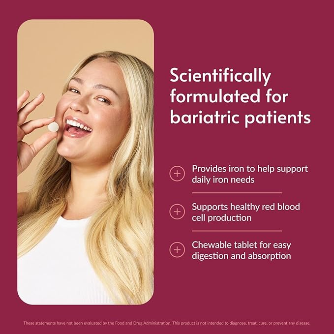 Bariatric Advantage Chewable Iron 29 mg - for Bariatric Surgery Patients - Iron with Vitamin C - No Iron Taste - Ferrous Fumarate &amp Carbonyl Iron Supplement - Passion Fruit - 90 Count
