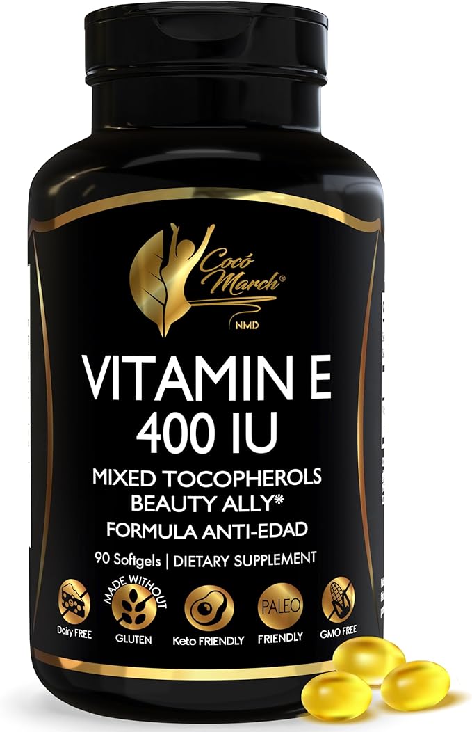 Coco March N.M.D Natural Vitamin E 400 IU Mixed Tocopherols – Immune Support Supplement for Heart Skin &amp Eye - Antioxidants for Women &amp Men Gluten Free &amp Dairy Free 3-Month Supply 90 S