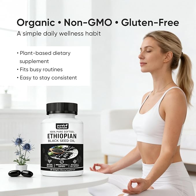 Ethiopian Black Seed Oil Capsules 4.64% Thymoquinone – Purely Nutrient Organic Cold Pressed Black Cumin Seed Oil Softgels Non-GMO Gluten-Free 60 Softgels