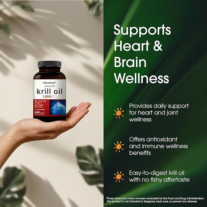 NatureBell Antarctic Krill Oil 1000mg - 240 Softgels - Omega-3 Heart Joint &amp Immune Health Support* - High EPA DHA with Astaxanthin - Non-GMO &amp Gluten-Free