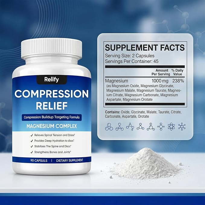 Mentara Relify Compression Relief Capsules with 1000mg Magnesium Complex for Women &amp Men Support Back Spine &amp Discs Reduces Pressure Non-GMO 90 Capsules