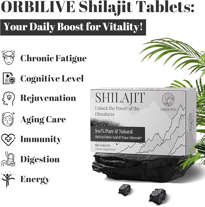 Shilajit Tablets 1000 MG 100% Himalayan Organic Shilajit Supplement Rich in Fulvic Acid &amp 85+ Trace Minerals for Men and Women Energy &amp Immune System 60 Count