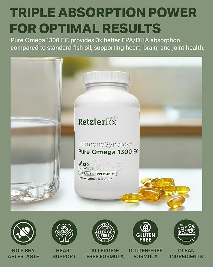 HormoneSynergy Omega 1300 EC Fish Oil Softgels - High-Strength Omega 3 Supplement with Enhanced Absorption - IFOS Verified Enteric Coated 600mg EPA 260mg DHA - 120 Count