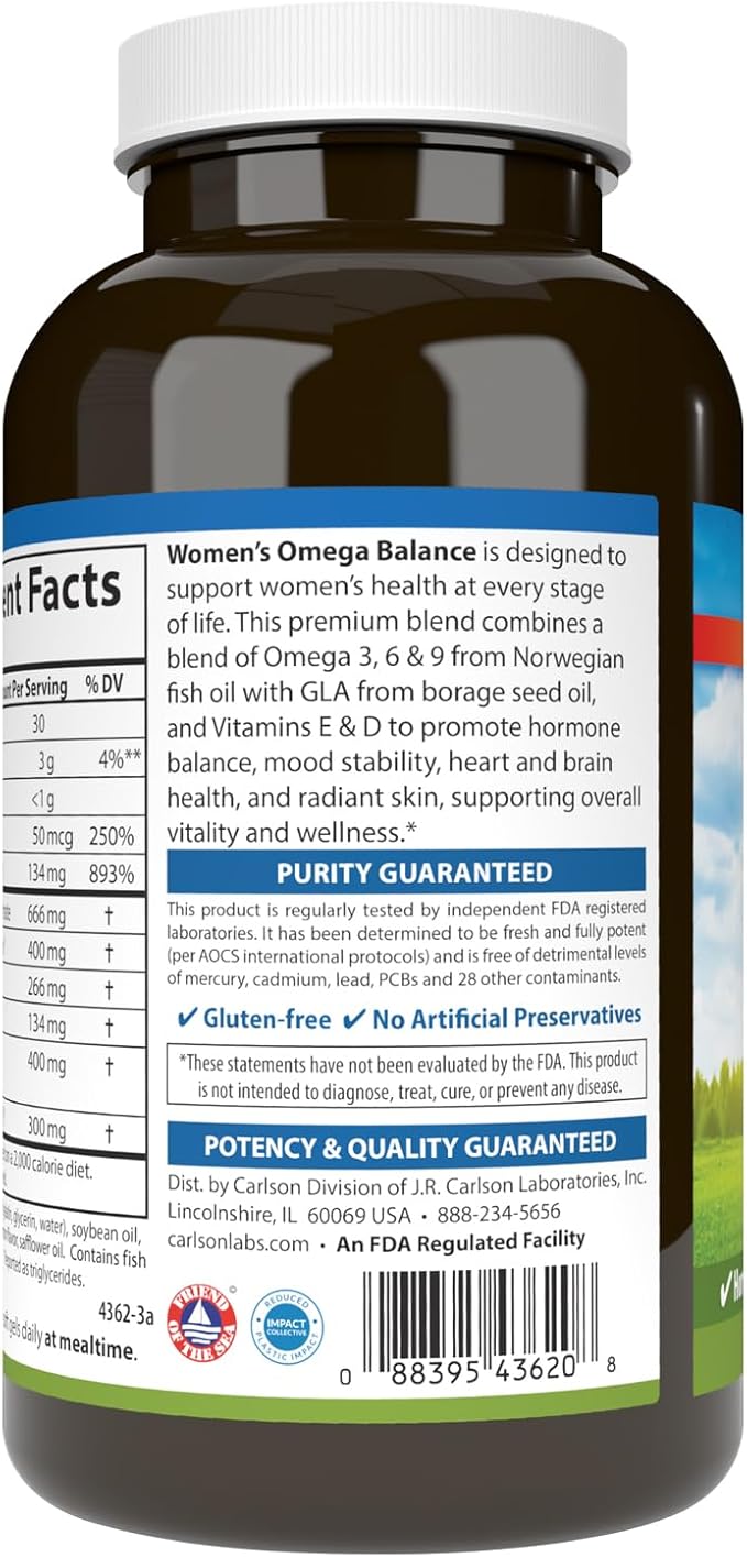 Carlson - Women's Omega Balance Balanced Omega-3 6 &amp 9 Ratio with D3 E Norwegian Wild-Caught Fish Oil Supplement with Fatty Acids Sustainably Sourced Fish Oil Capsules 180 Softgels