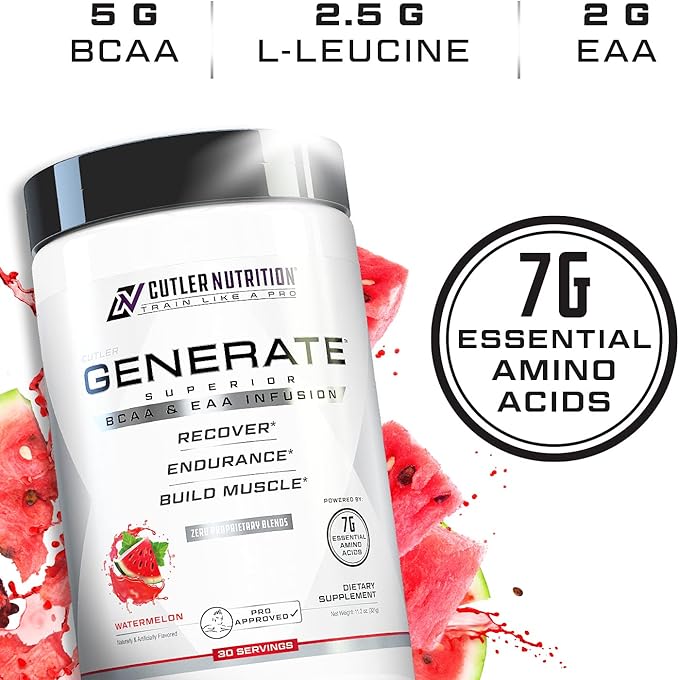 Generate EAA and BCAA Powder: Best Post Workout Recovery Drink and Branched Chain Amino Acids Supplement with Essential Amino Acids 5g BCAAs 2g EAAs for Lean Muscle Mass | Watermelon 30 Servings