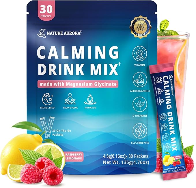 Cortisol Calm Drink Mix for Women &amp Men Calm Magnesium Glycinate Powder with Electrolytes Ashwagandha L-Theanine &amp Mushroom | Hydration Relaxation &amp Mood | Sugar Free 30 Ct (Raspberry
