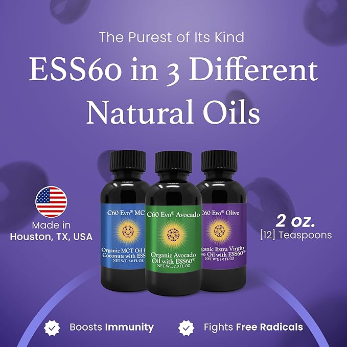 C60 Evo All-Natural Edible Oils Mini Oil Sampler Set with Pure C60 ESS60 Immune Support and Joint Support Supplement with Olive Oil Avocado Oil &amp MCT Coconut Oil Set of 3 2 oz