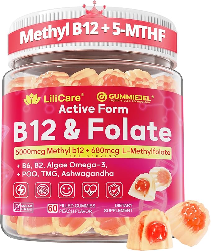 Methyl B12 5000mcg &amp L-Methylfolate Gummies for Women Men - Active 5-MTHF &amp Methylted B-Complex Multivitamin Supplement + B6 CholineTMG for Cellular Energy Cognition Methylation MTHFR Gen
