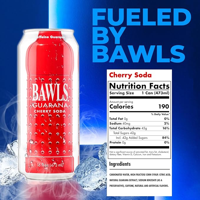 BAWLS Guarana Cherry BAWLS Guarana Drink Guarana Soda Guarana Fueled Soda for Energy High Energy Caffeinated Drink 16oz 12 Pack Cans