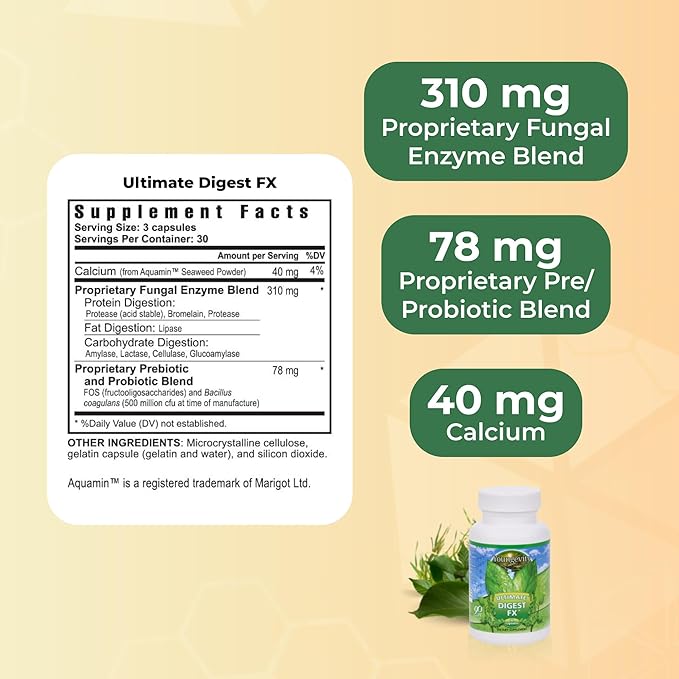 Youngevity Ultimate Digest FX™ - Ultra Prebiotic Probiotic &amp Enzyme - Plant Enzyme Blend - FOS Blend - Sea Minerals - 15 Billion Lactobacillus Blend - Digestion Aid - 90 Capsules