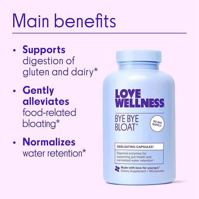 Love Wellness Bye Bye Bloat Digestive Enzymes | Bloating Relief for Women | Help Reduce Gas Relief &amp Water Retention | Supports Digestive Health with Fenugreek &amp Dandelion | 180 Count