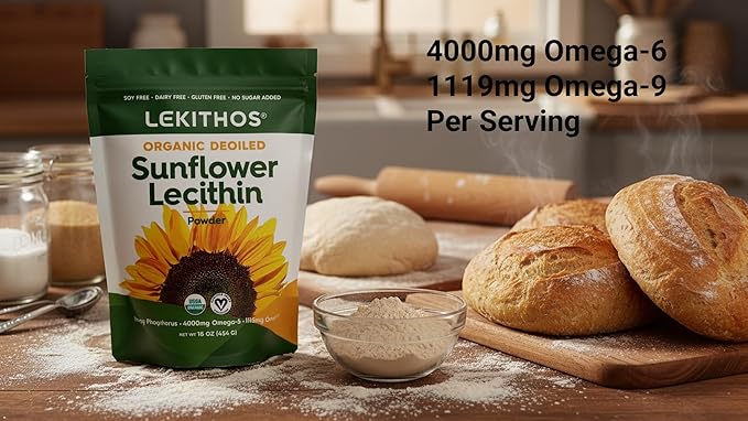 Organic Sunflower Lecithin Powder (Deoiled) | 1770mg Phosphatidylcholine Per Serving | Omega-6 &amp Omega-9 Fatty Acids | USDA Organic Non-GMO Soy-Free Gluten-Free Vegan | 16oz (454g)