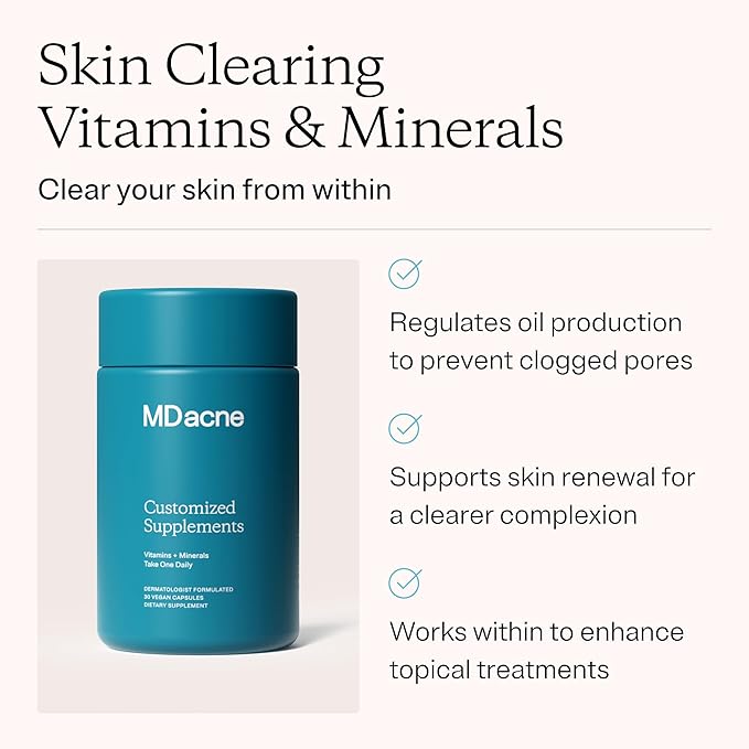 MDacne Vitamins and Minerals Skin Clearing Supplements (3-Pack) - 30 Vegan Capsules - Supports Topical Acne Treatment &amp Promotes Clear Calm Skin Redness &amp Pore-Clogging - Dermatologist Formu