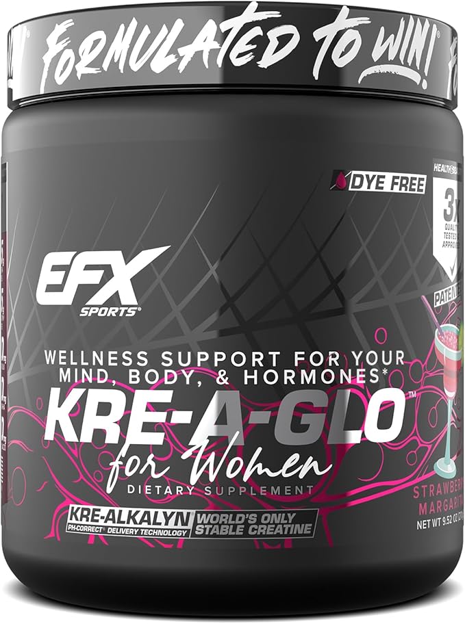 EFX Sports Kre-A-Glo Kre-Alkalyn Creatine for Women | 2.5g Collagen 300mg Ashwagandha 100mg Hyaluronic Acid | 30 Servings (Strawberry Margarita)