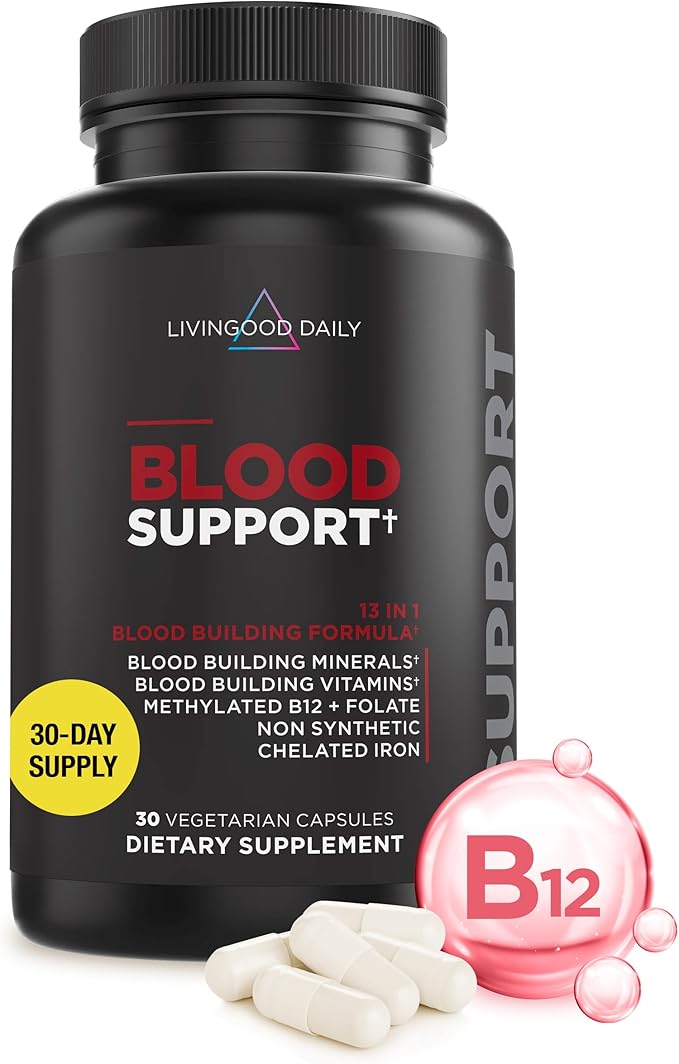 Livingood Daily Iron Supplement for Women &amp Men Blood Support Formula with Chelated Iron Methylated B12 Vitamin C Zinc &amp Folate Vegan Non GMO Gluten Free Allergen Free 30 Capsules