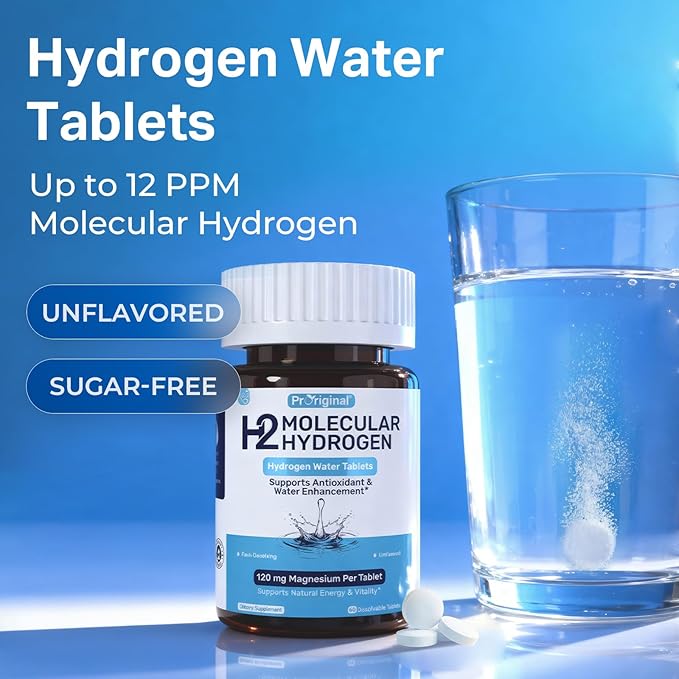 Hydrogen Water Tablets - 12 PPM H2 Molecular Hydrogen - 120 mg Magnesium-Based Reaction System - Supports Antioxidant Defense Cellular Health Energy &amp Brain Function - Non-GMO Unflavored 60 Tab