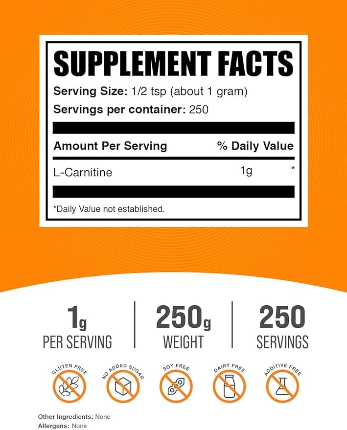 BulkSupplements.com L-Carnitine Powder - Carnitine Supplement Amino Acid Supplement - Unflavored &amp Gluten Free 1g per Serving 250g (8.8 oz) (Pack of 1)