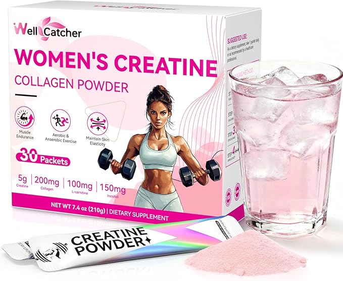 Women‘s Creatine Powder Travel Packets: Creatine Monohydrate Collagen Packs for Pre Workout Muscle Growth &amp Recovery Skin Elasticity Energy Metabolism with Inositol Beet Root Raspberry Flavor 30 P