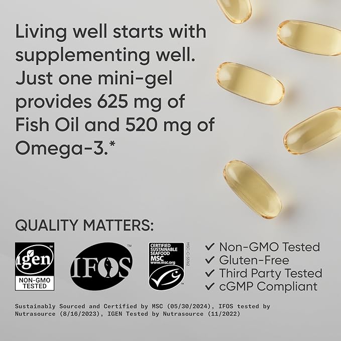 Sports Research® Omega-3 ­­Fish Oil Mini-Softgels - Sourced from Wild Caught Alaska Pollock - Burpless Bovine Free Non-GMO &amp MSC Certified Sustainable - 120 Count