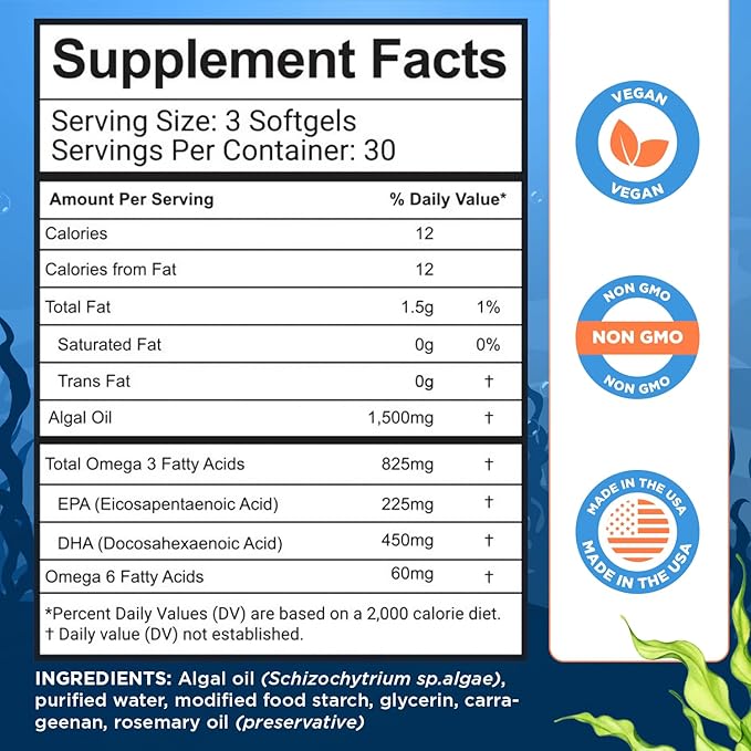 Algae Omega 3 1500mg - Vegan Supplement with Patented Life's Omega 3 - High Dose EPA &amp DHA - Better Than Fish Oil - Supports Heart Brain Joint Health - 90 Vegan Softgels