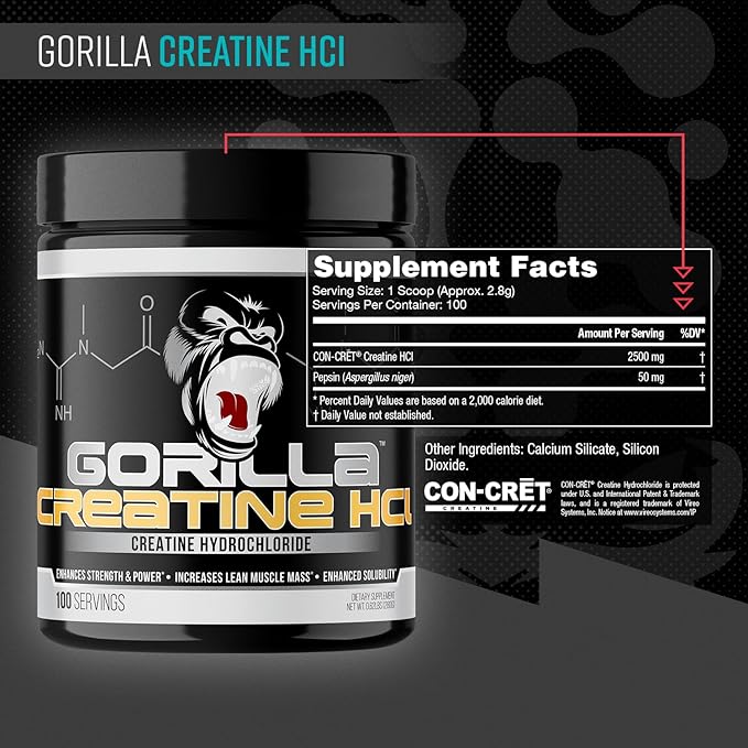 Gorilla Mind CON-CRĒT® Creatine HCl W/Pepsin Unflavored | GI-Friendly Alternative | Muscle Size Power Output Strength Brain Health &amp Performance | Convenient 2.5 Grams per Serving 100 Serving