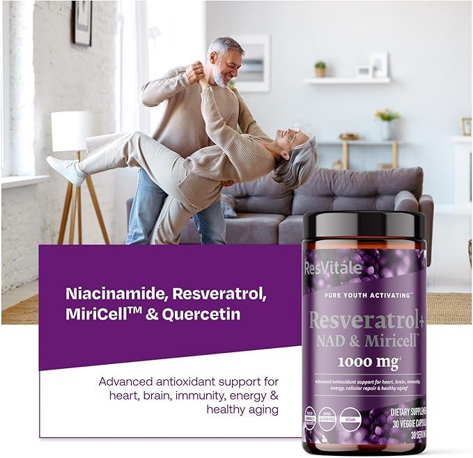 ResVitále Resveratrol + NAD &amp Miricell 1000 mg - Advanced Antioxidant Support for Brain Heart Energy &amp More - 30 Veggie Capsules (30 Servings)