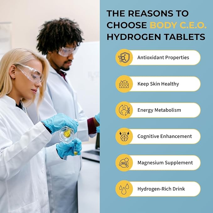 BODY C.E.O. Hydrogen Water Tablets with Magnesium | Molecular Hydrogen Tablets for Drinking Water | Support Energy Focus &amp Antioxidant Balance | Vegan &amp Gluten Free Supplement| 90 Count (Lemon