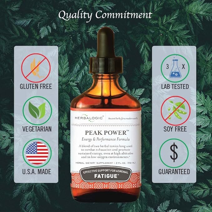 Herbalogic - Peak Power Liquid Herb Drops - Stimulant-Free Natural Energy Formula to Combat Adrenal Fatigue &amp Improve Physical Stamina - Contains American Ginseng &amp Astragalus - 2 Fl. Oz.