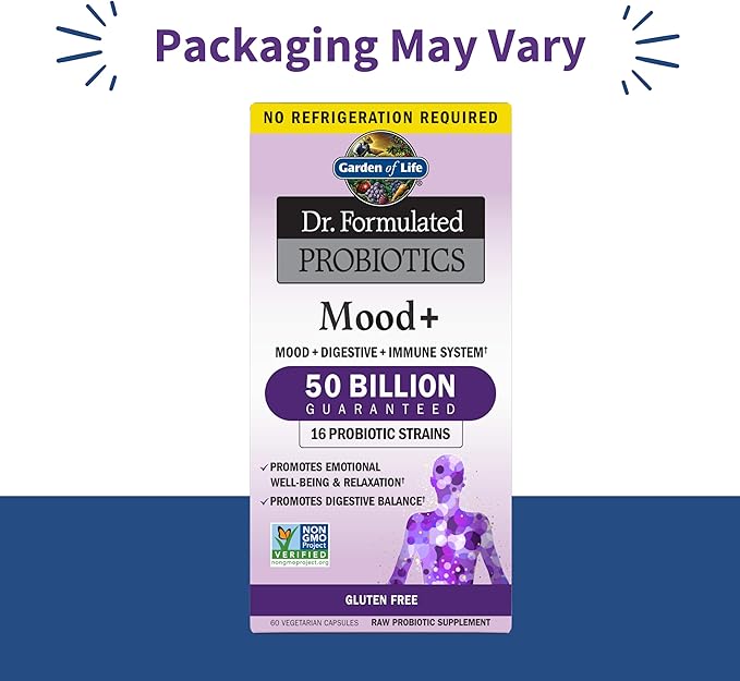 Garden of Life Probiotics Mood+ Dr Formulated Acidophilus Probiotic SupplementPromotes Emotional Well-Being Relaxation and Digestive BalanceAshwagandha for Stress Management 60 Count (Pack of 6)