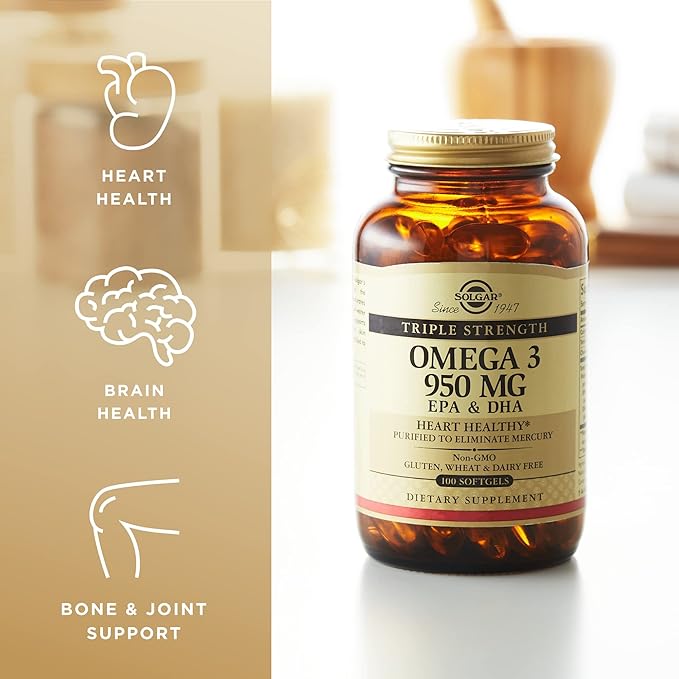 Solgar Triple Strength Omega 3 950 mg - 100 Softgels Pack of 2 - Supports Joint &amp Skin Health - Non-GMO Gluten Free Dairy Free - 200 Total Servings