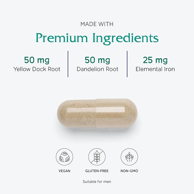Vitanica Iron Extra Iron Supplement Enhanced Absorption with Vitamin C 500mg Methylfolate 400mcg B12 Vitamin 500mcg Calcium Yellow Dock Dandelion Root &amp Nettle Leaf Extract Vegan 60 Capsul
