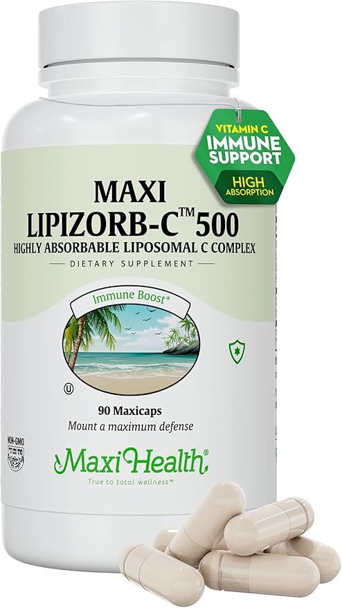 Maxi Health Liposomal Vitamin C 500mg Capsules with Digestive Blend Highly Absorbable High Dose VitaminC Non GMO Kosher Vegetarian Doctor-Formulated Immune Support Supplement (90 Count)
