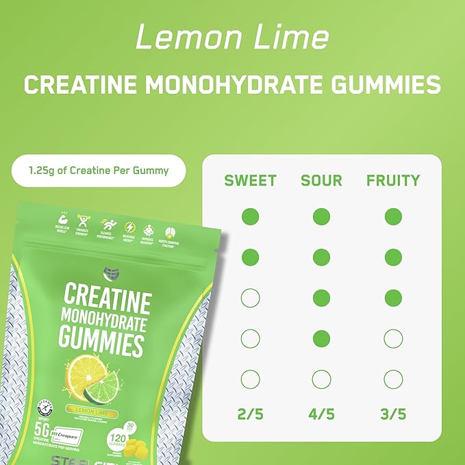 SteelFit Creapure Creatine Monohydrate Gummies for Men &amp Women Lemon Lime - Gym Workout Nutritional Supplements for Muscle Gain Brain Health &amp Strength Building Dietary Supplement 120 Gummi