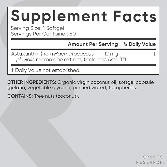Sports Research® Triple Strength Astaxanthin 12mg w/Organic Coconut Oil - Antioxidant Supplement for Skin &amp Eye Health Support* - Soy Free · Non-GMO · Gluten Free - 60 Softgels
