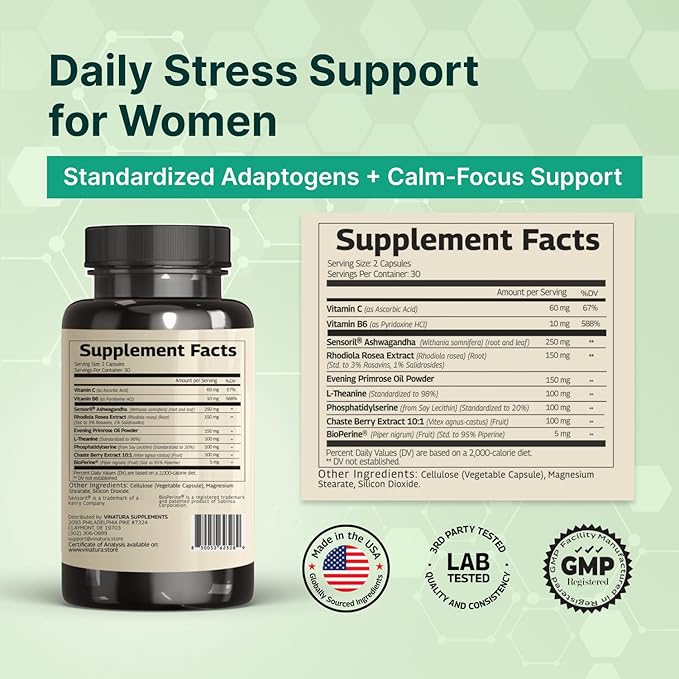 VINATURA Cortisol Supplements for Women - Cortisol Detox and Management - Adrenal Support Stress Support 60 Vegan Capsules