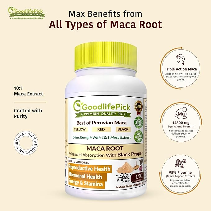 Peruvian Maca Root Capsules 150 ct. Powerful Maca Blend of Yellow Red &amp Black Maca Root with Black Pepper. All Natural NonGMO Vegan No Stearate No Rice Powder No Silica No Filler