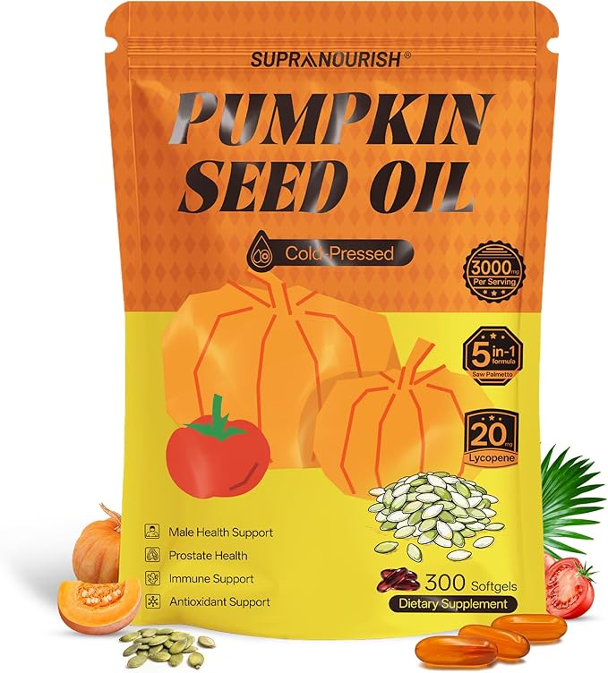 Pumpkin Seed Oil Complex 3000mg with Saw Palmetto Lycopene Zinc &amp Vitamin E – GMP Compliant Cold-Pressed Non-GMO 300 Softgels Daily Wellness &amp Antioxidant Support