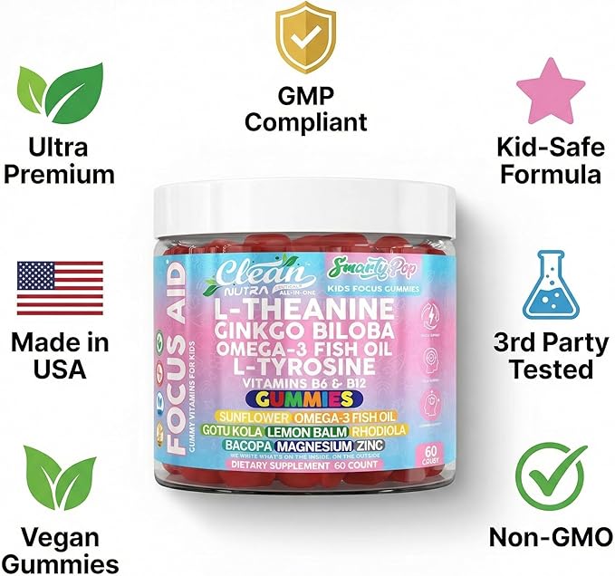 Clean Nutra Kids Focus Gummies with L-Theanine Ginkgo Biloba Omega-3 Fish Oil L-Tyrosine Vitamin B6 B12 – 60 Count Clean Label Non-GMO Vegan-Friendly SmartyPop Formula for Kids Support