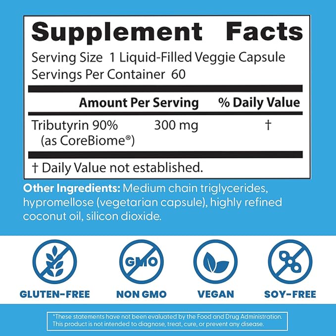Doctor's BEST High Absorption Postbiotic Butyrate Featuring Corebiome Gut &amp Immune Health Non-GMO Gluten Free Soy Free Vegan 30 Liquid Veggie Caps