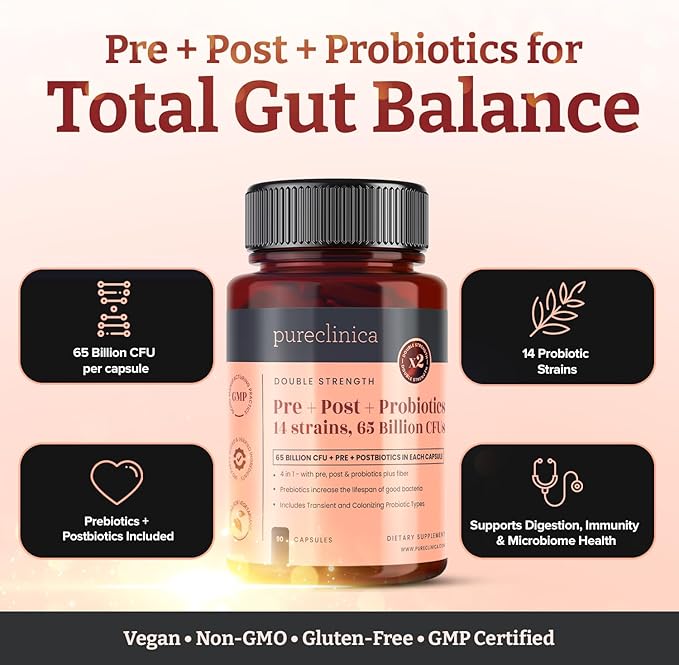 pureclinica 65 Billion CFU Probiotic Supplement x 90 Capsules – 14 Strains with Prebiotics &amp Postbiotics – 3 Month's Supply